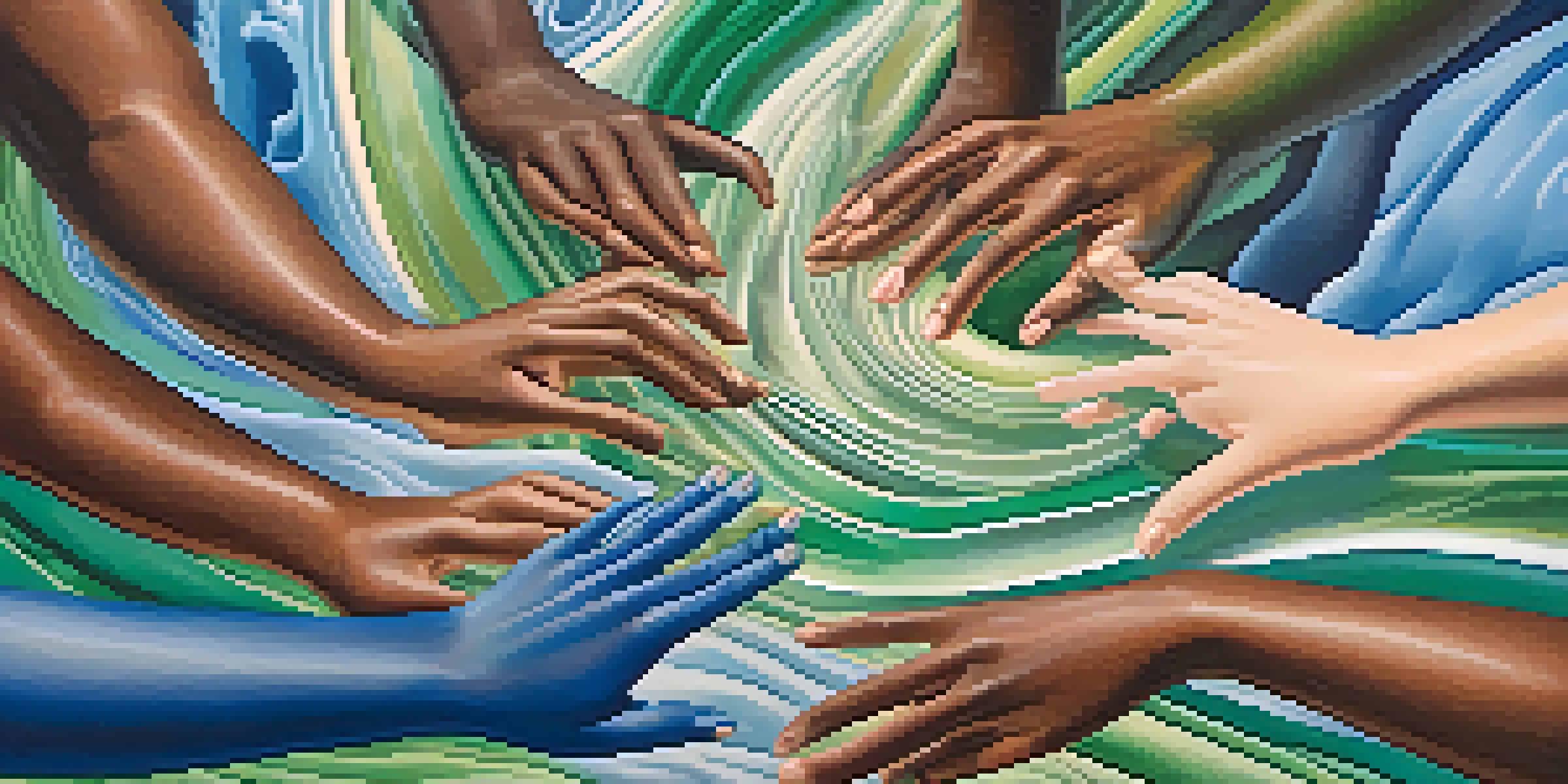 Hands of different skin tones reaching towards each other against a colorful abstract background.