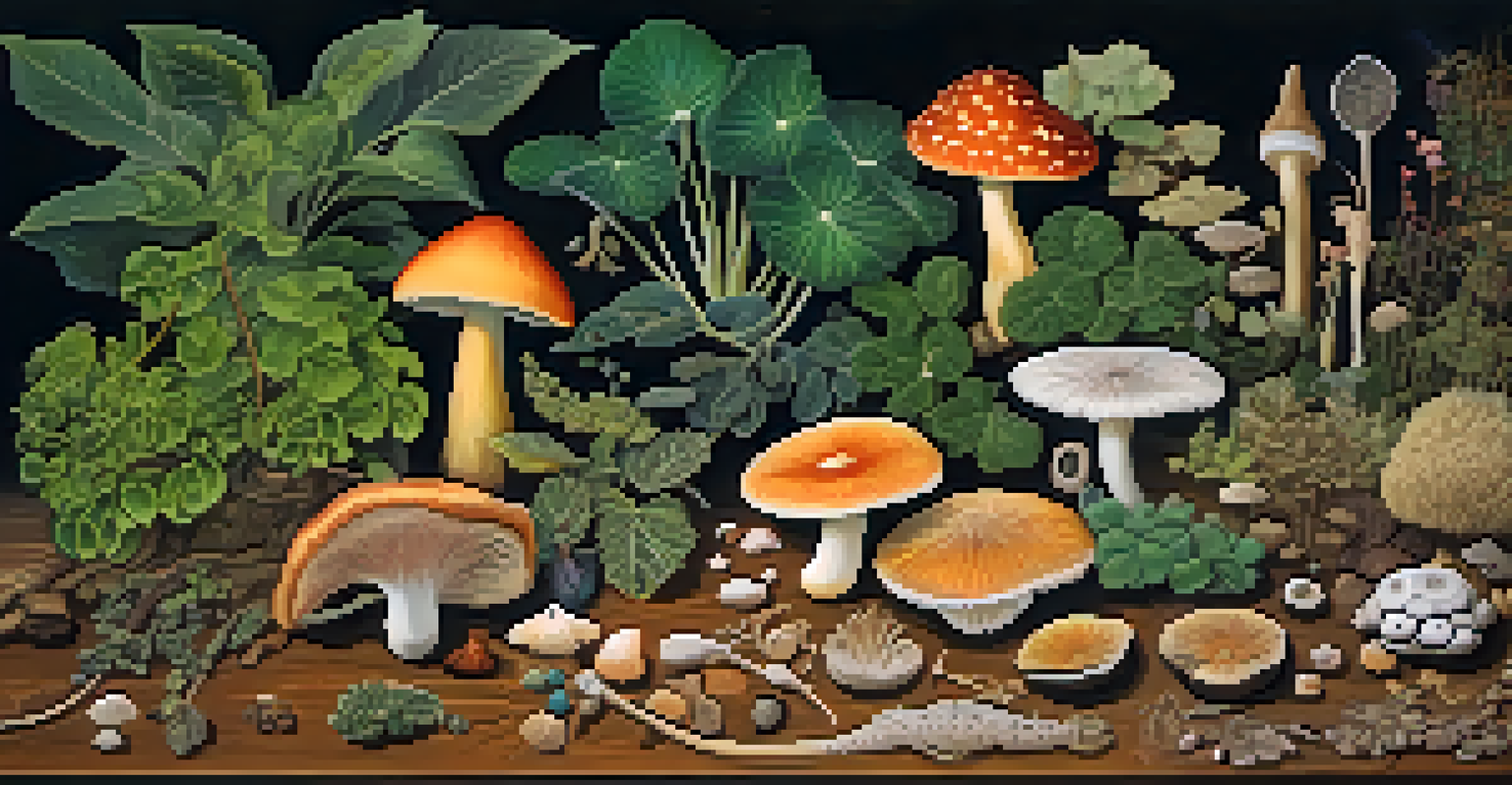 A collage of entheogenic plants and fungi on a wooden table, showcasing their vibrant colors and textures.