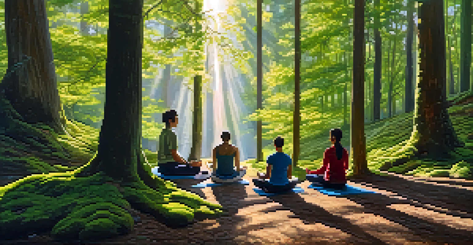 A peaceful forest scene with sunlight filtering through trees, showing diverse athletes meditating on a mossy path.