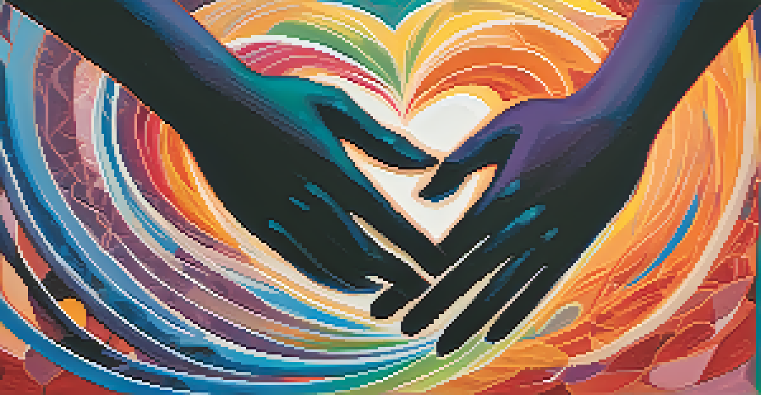 An abstract image of two hands reaching towards each other with vibrant colors and symbols of connection.