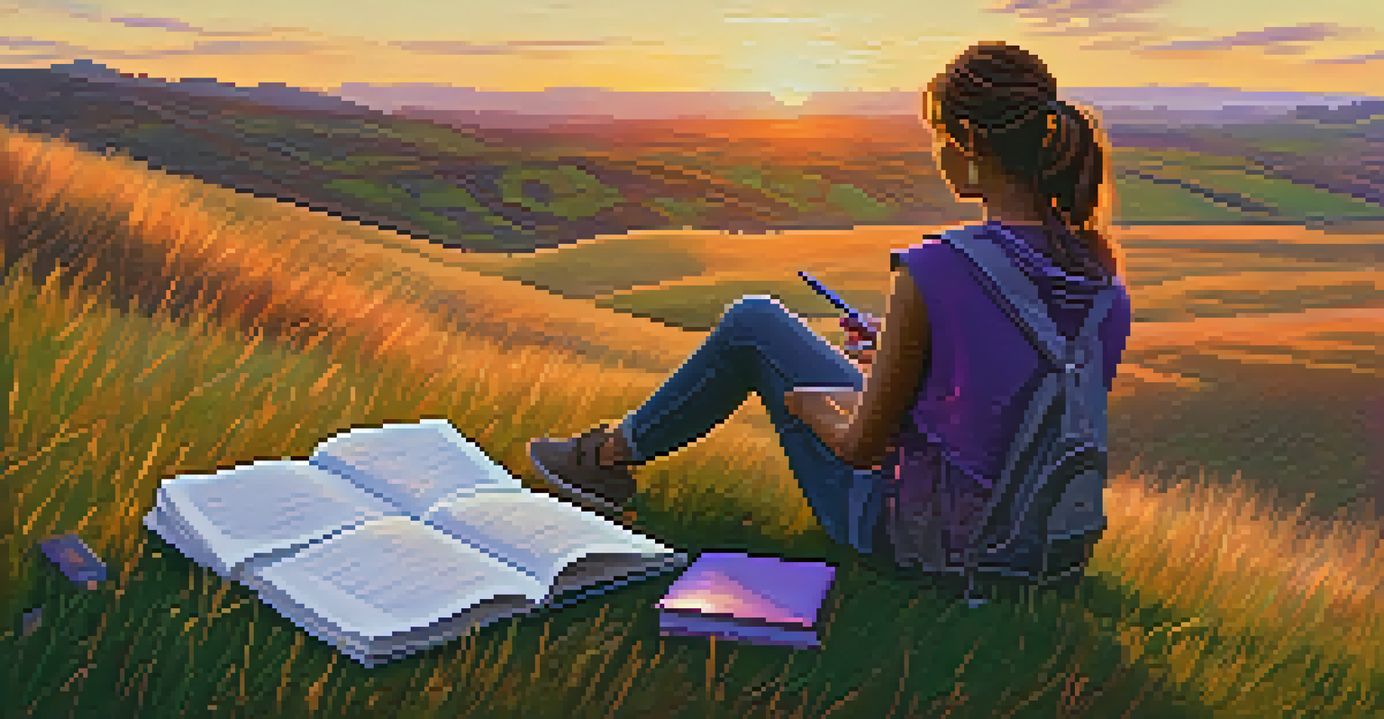 A person writing in a journal on a hilltop at sunset, with colorful notebooks nearby.