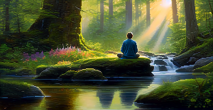 A peaceful forest scene at dawn with sunlight filtering through trees, a stream, wildflowers, and a person meditating on a mossy rock.