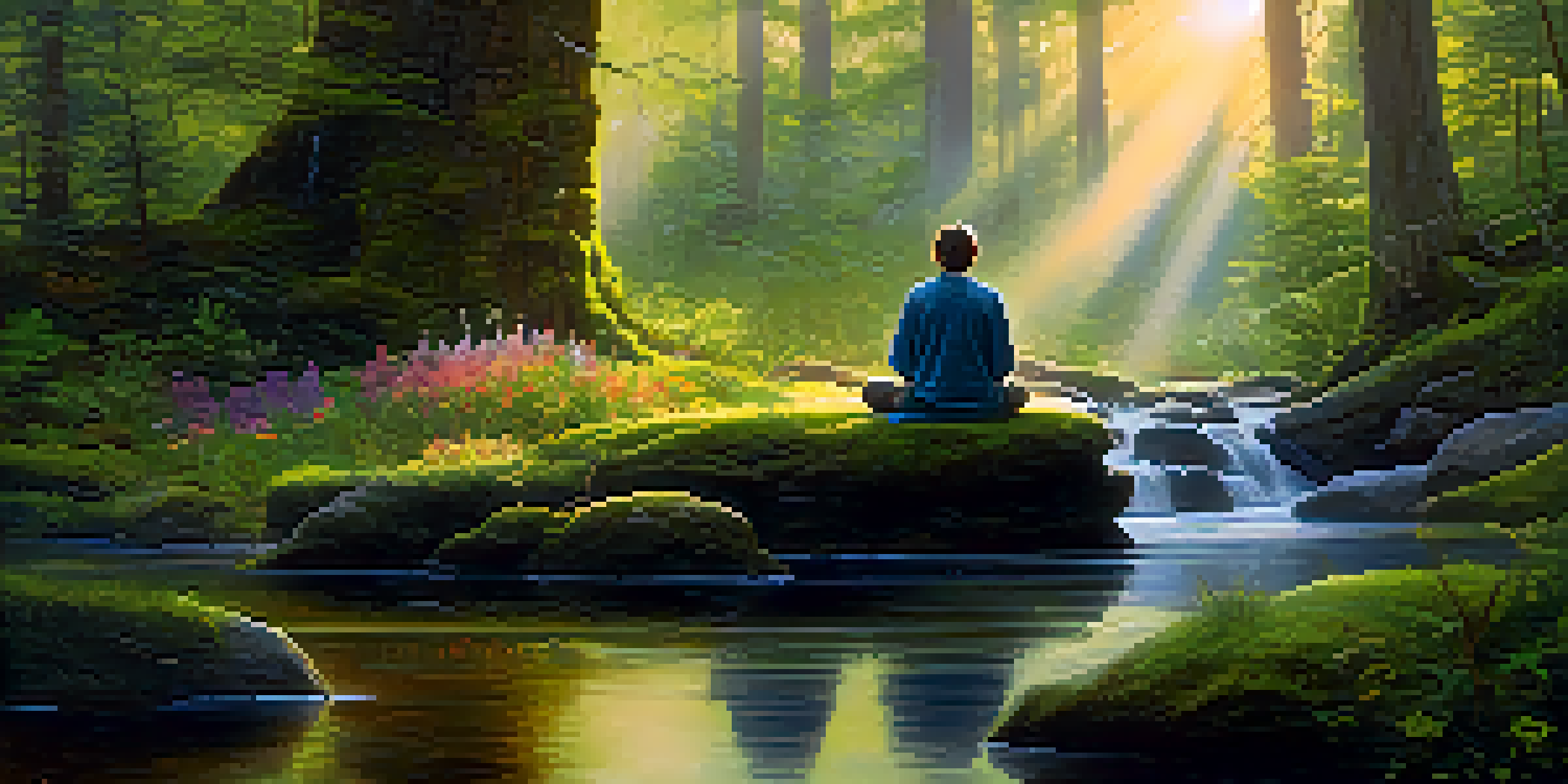 A peaceful forest scene at dawn with sunlight filtering through trees, a stream, wildflowers, and a person meditating on a mossy rock.