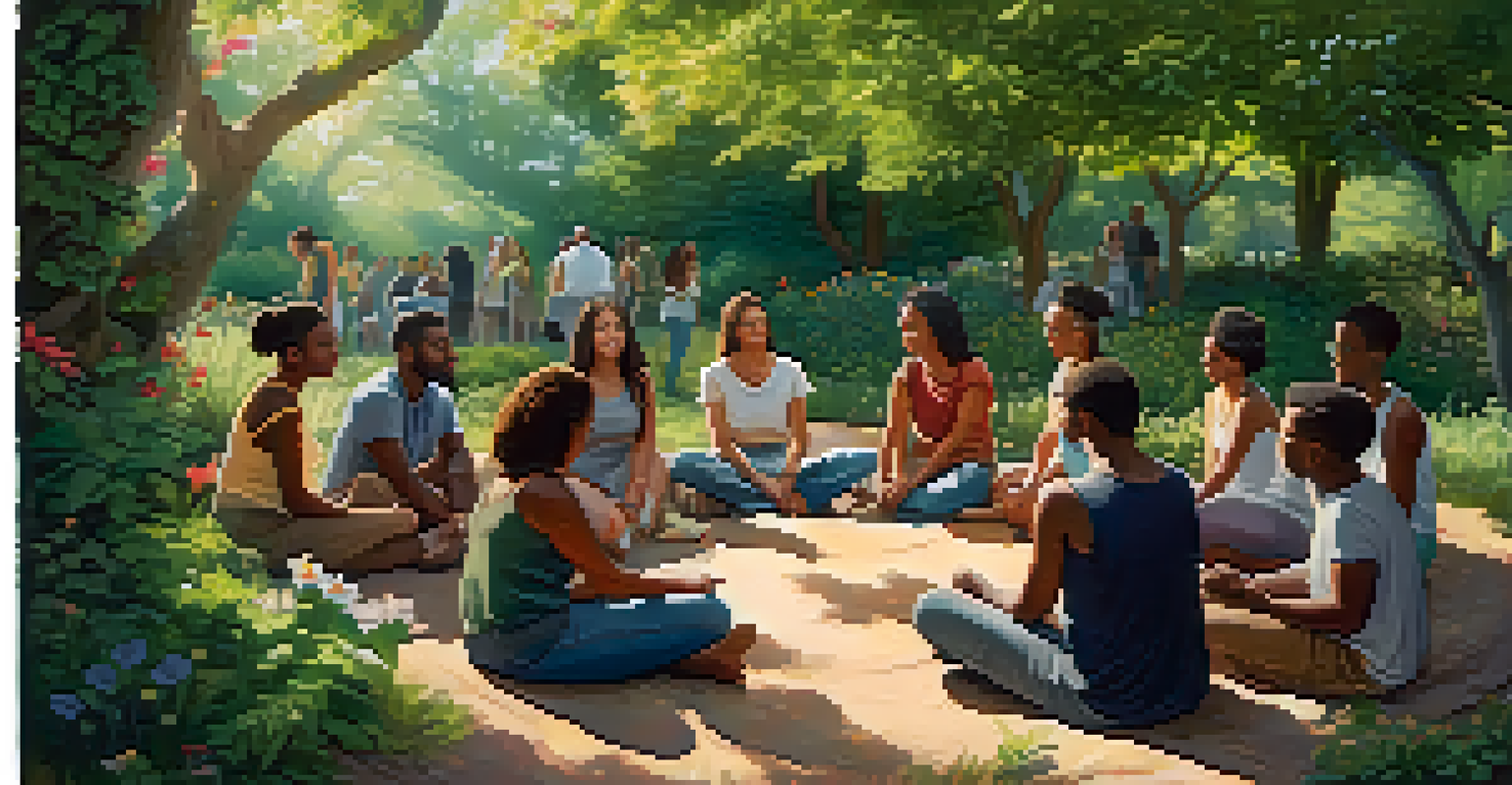A diverse group of individuals sitting in a circle in a lush garden, sharing and connecting with warm expressions.