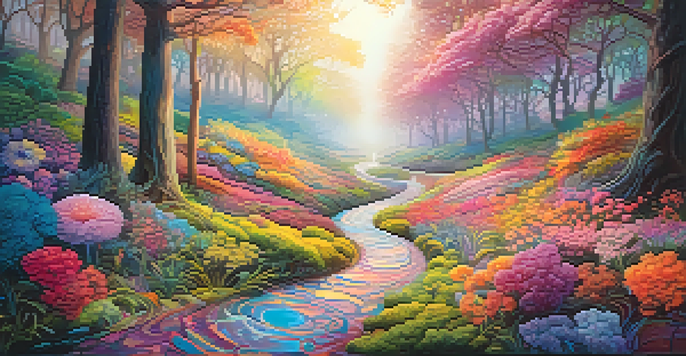 A colorful, surreal landscape with a winding path through a forest of oversized flowers under ethereal light.