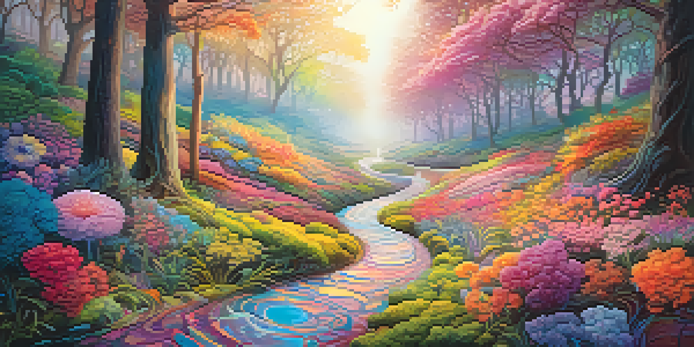 A colorful, surreal landscape with a winding path through a forest of oversized flowers under ethereal light.