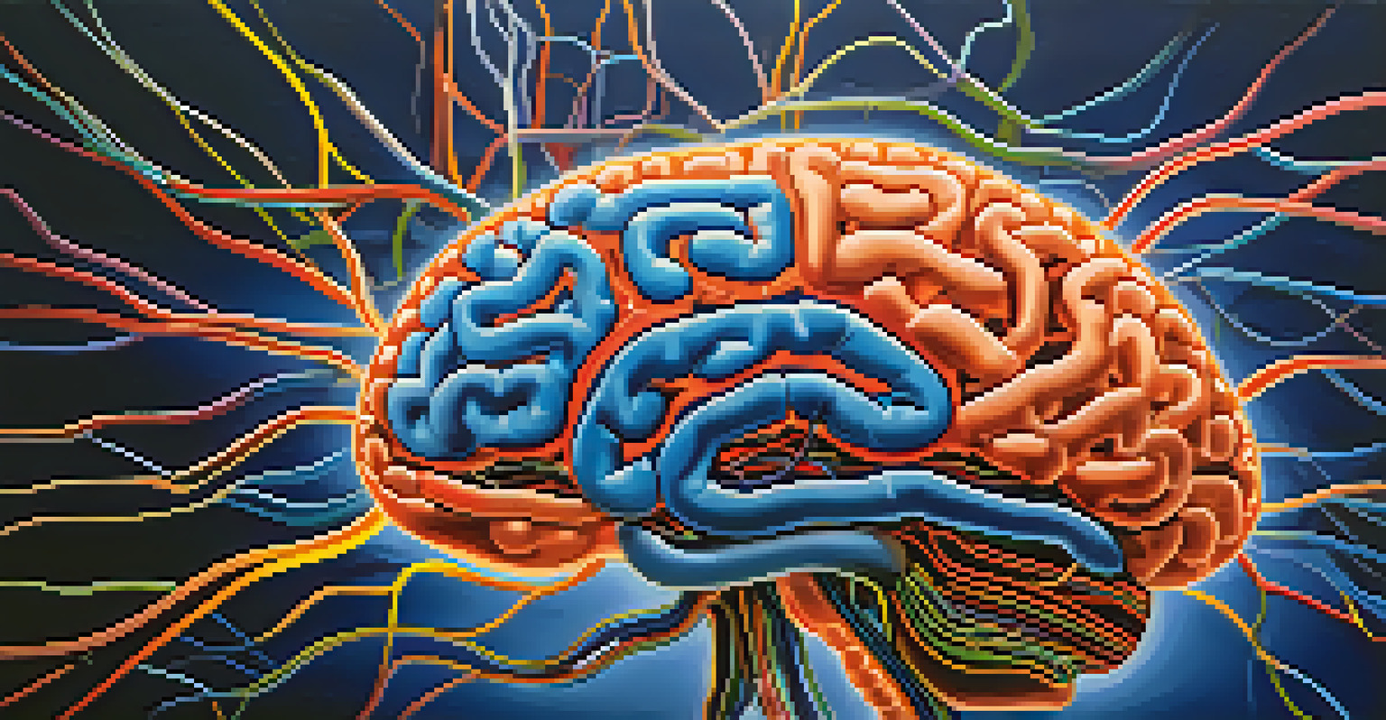 A vibrant illustration of the human brain, showcasing colorful neural pathways on a deep blue background, representing cognitive activity.