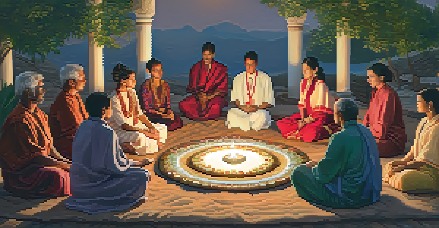 A diverse group of people in traditional attire engaged in a spiritual ceremony, surrounded by candles and nature.