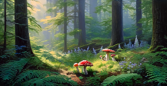 A peaceful forest clearing with sunlight shining through trees, featuring a circle of colorful mushrooms surrounded by ferns and wildflowers.