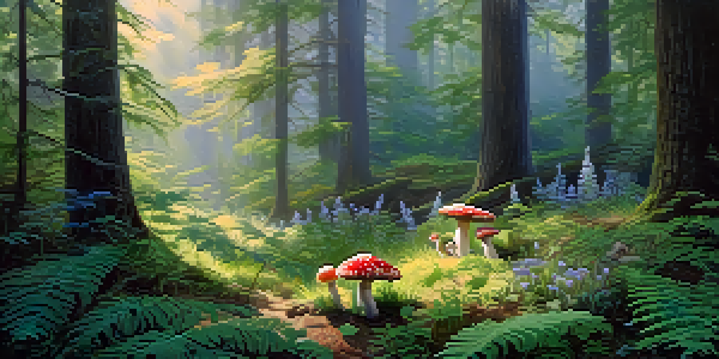 A peaceful forest clearing with sunlight shining through trees, featuring a circle of colorful mushrooms surrounded by ferns and wildflowers.