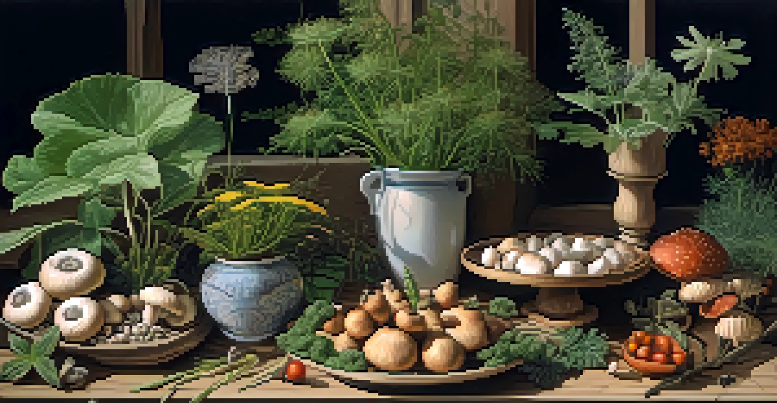 A detailed still life of psychoactive plants used in ancient Greek rituals, beautifully arranged and labeled, bathed in soft natural light.