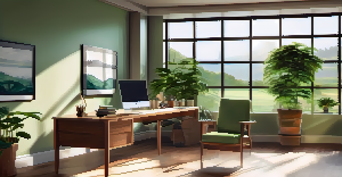 A peaceful office interior with large windows revealing a green landscape, a wooden desk, and warm lighting.