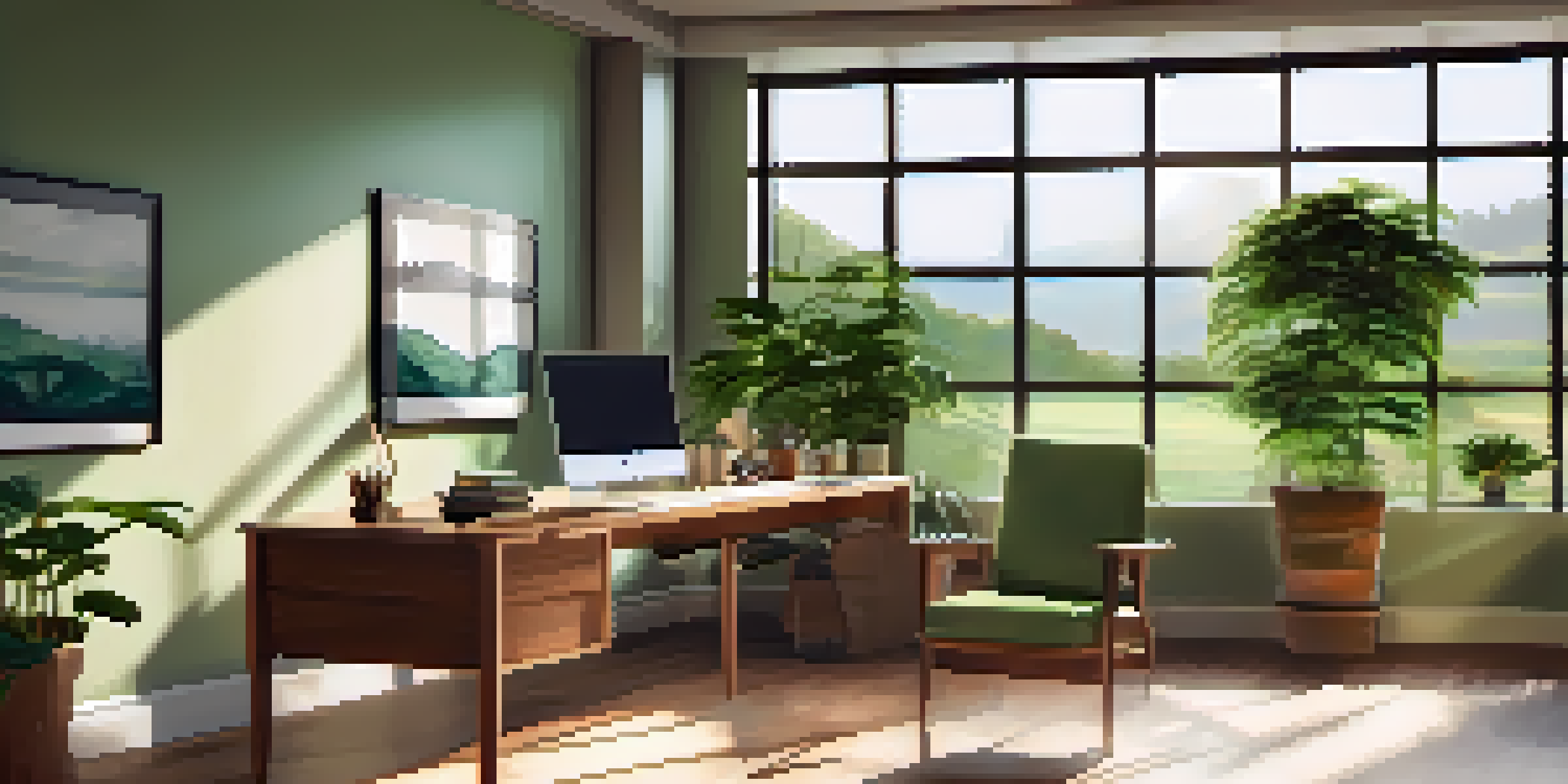 A peaceful office interior with large windows revealing a green landscape, a wooden desk, and warm lighting.
