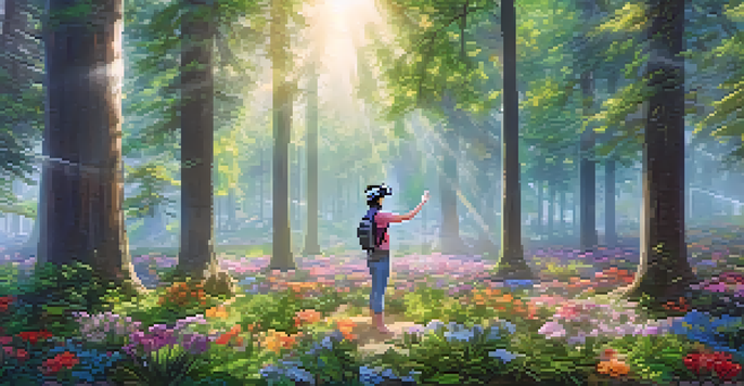 A user wearing a VR headset stands in a tranquil forest with sunlight filtering through the trees and colorful flowers around them.