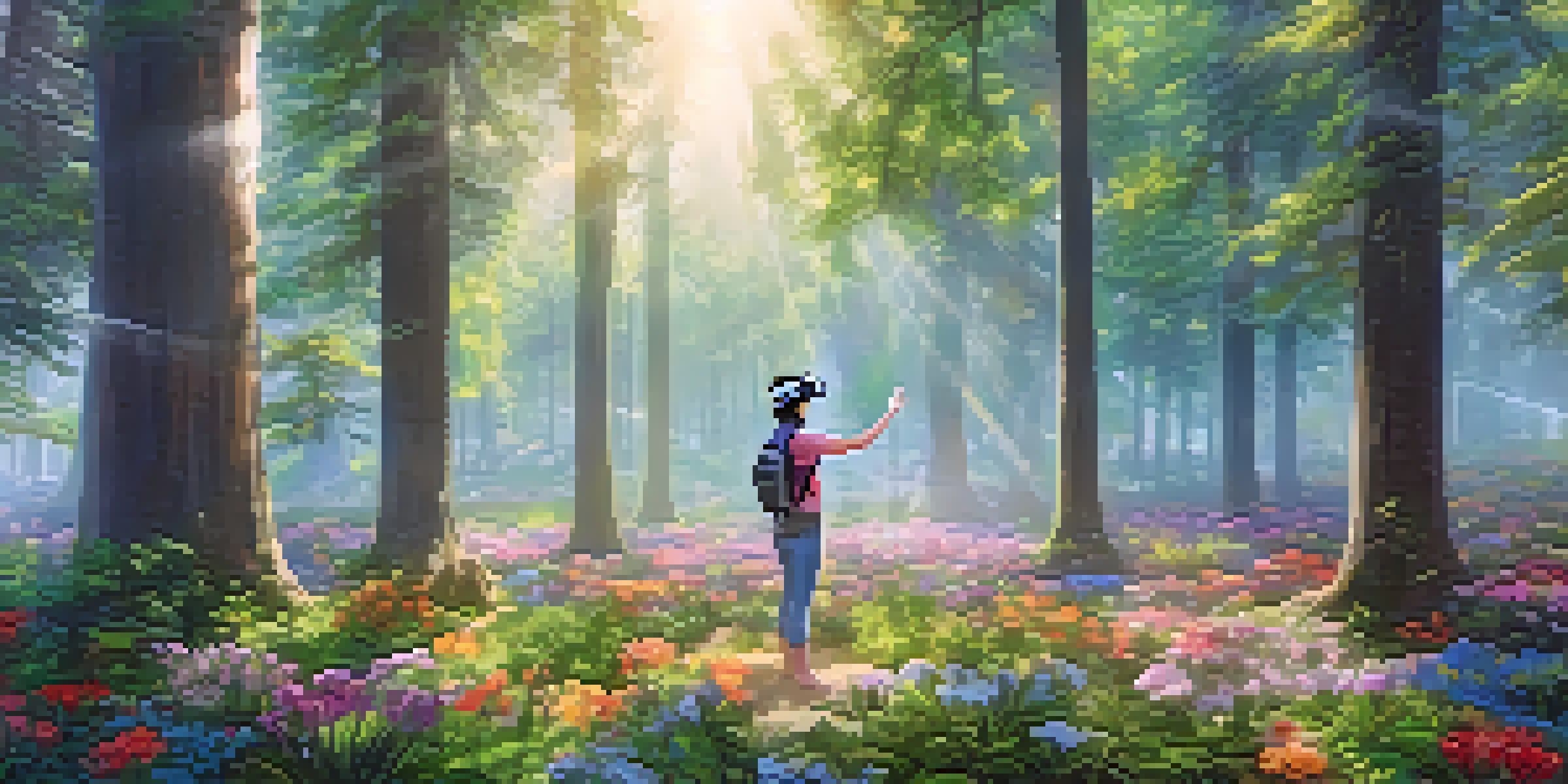 A user wearing a VR headset stands in a tranquil forest with sunlight filtering through the trees and colorful flowers around them.