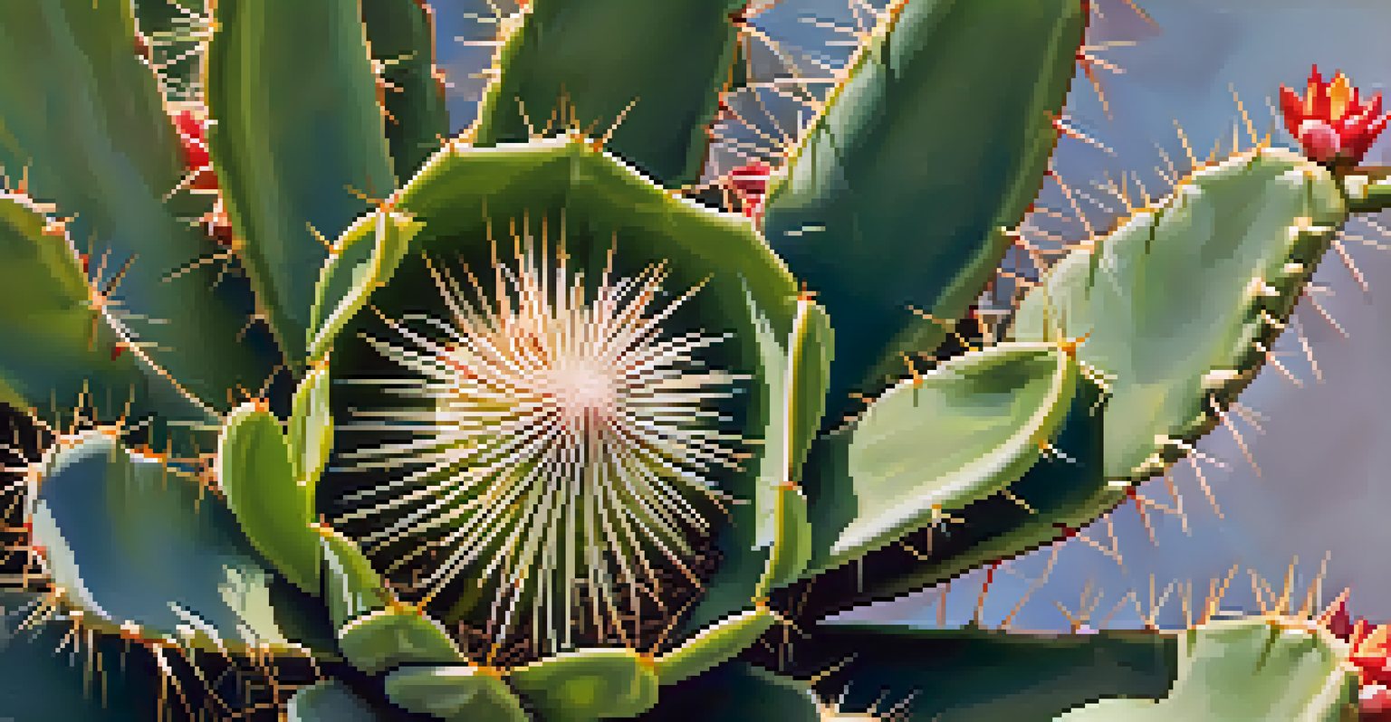 A detailed close-up of a San Pedro cactus, focusing on its textured skin and spines, with a blurred green background.