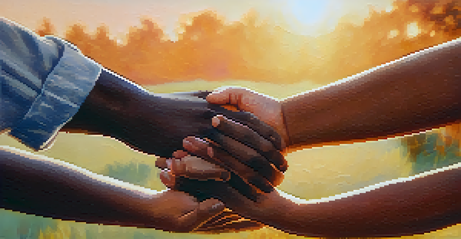 Diverse hands joined in a circle, symbolizing unity in a tranquil outdoor setting.