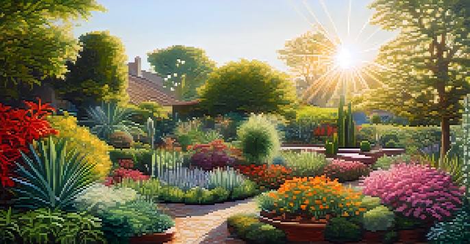 A colorful garden with various thriving plants representing individuals, bathed in soft sunlight, symbolizing collective healing.