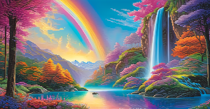 A surreal landscape with a colorful waterfall and oversized flowers under a vibrant sky.