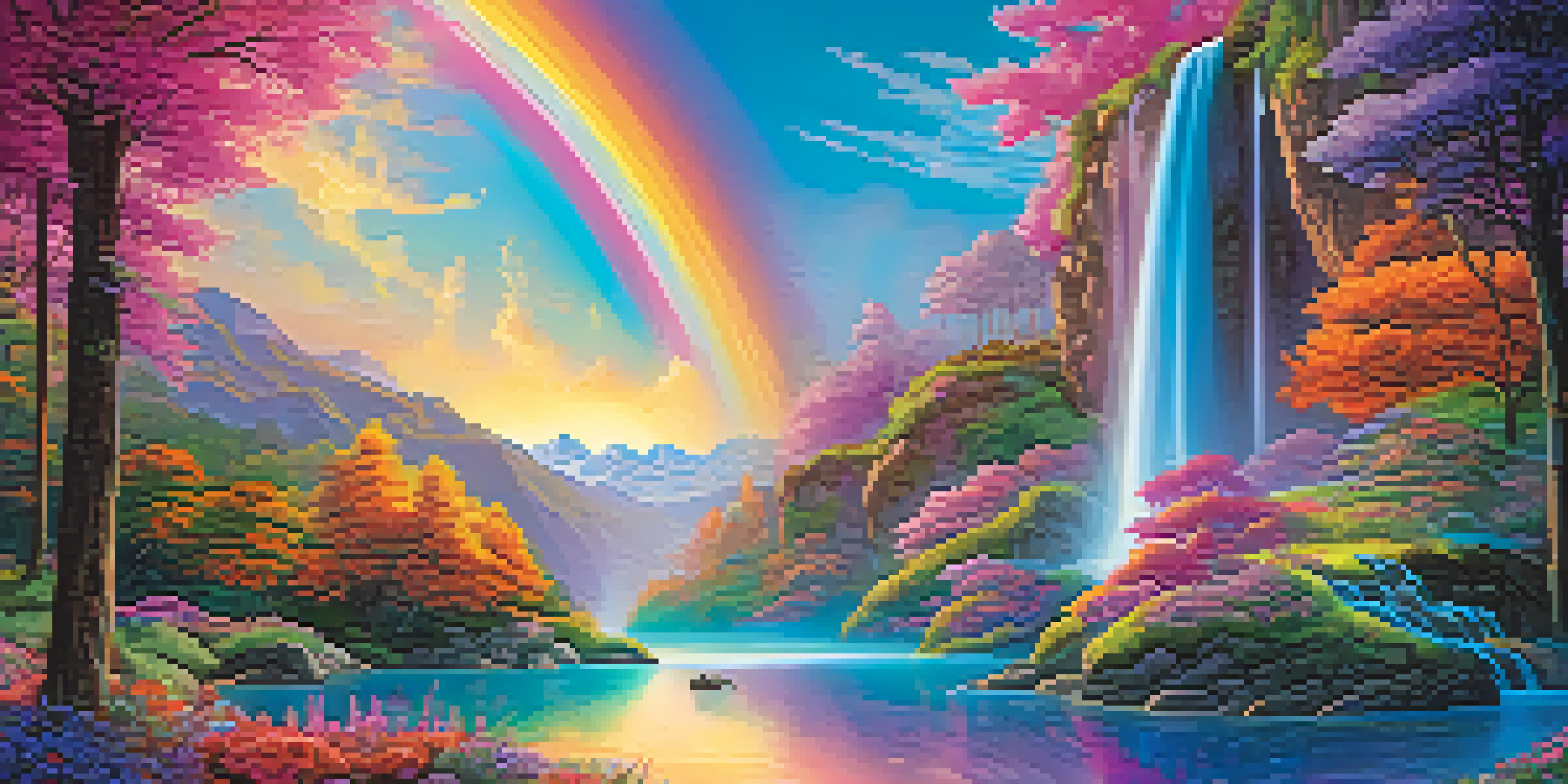 A surreal landscape with a colorful waterfall and oversized flowers under a vibrant sky.