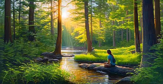 A person meditating in a tranquil forest with sunlight filtering through the trees, surrounded by vibrant wildflowers and a gentle stream.