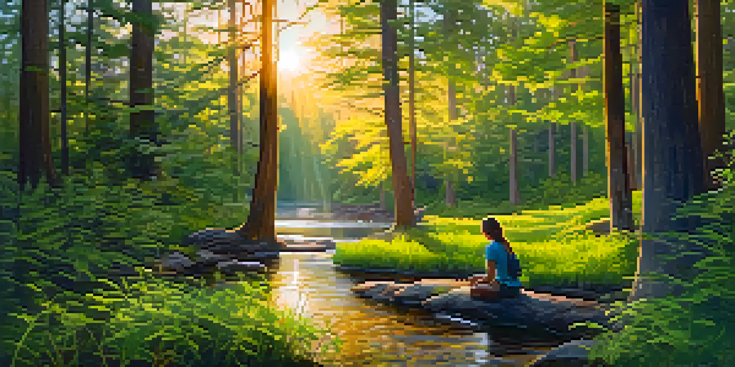A person meditating in a tranquil forest with sunlight filtering through the trees, surrounded by vibrant wildflowers and a gentle stream.