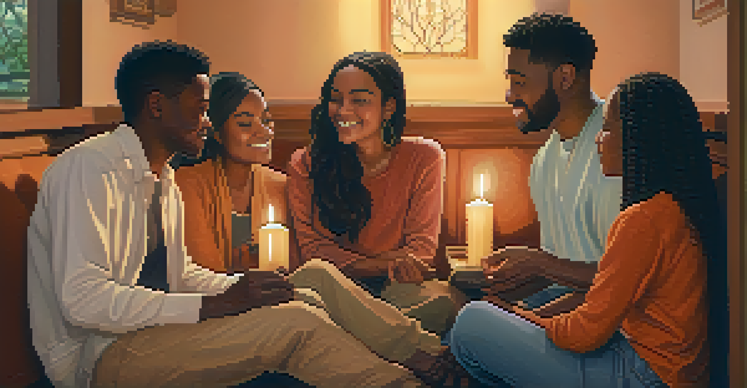 A diverse group of individuals sitting in a circle in a warmly lit room, sharing reflections.