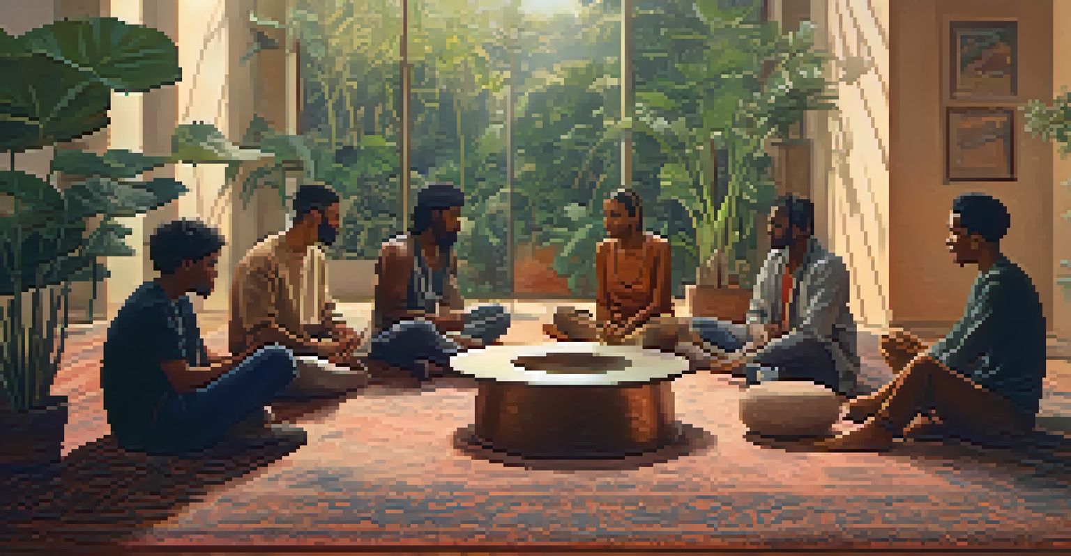 A diverse group of five people sitting in a circle on rugs, engaged in thoughtful discussion in a warmly lit room with plants and art, reflecting a supportive and communal environment.