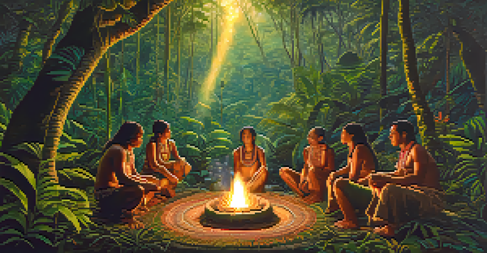 Indigenous tribe performing a traditional ayahuasca ceremony in a lush Amazon rainforest, with participants in a circle around a glowing fire.
