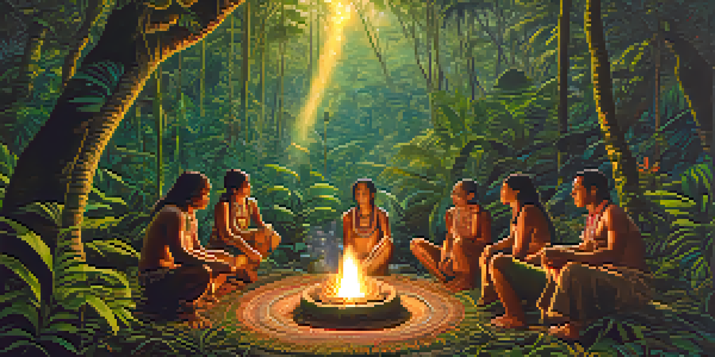 Indigenous tribe performing a traditional ayahuasca ceremony in a lush Amazon rainforest, with participants in a circle around a glowing fire.
