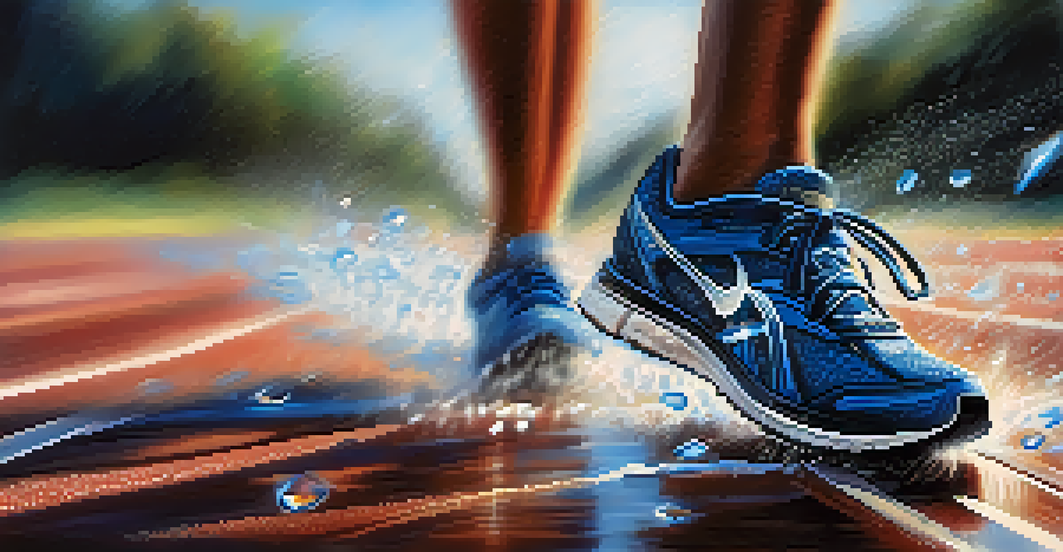 A close-up of running shoes on a track with water droplets, and a blurred runner in the background.