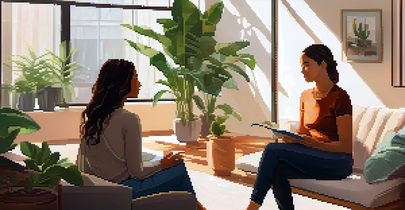 A modern therapy session in a cozy room with a therapist and a client engaged in conversation.