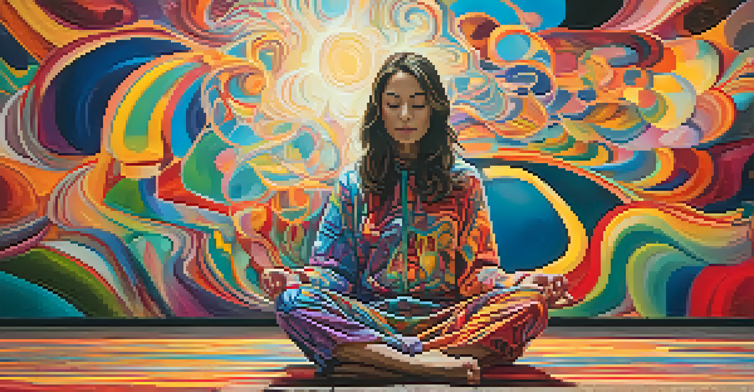 A person meditating in an abstract space with vibrant colors and patterns, representing an altered state of consciousness.