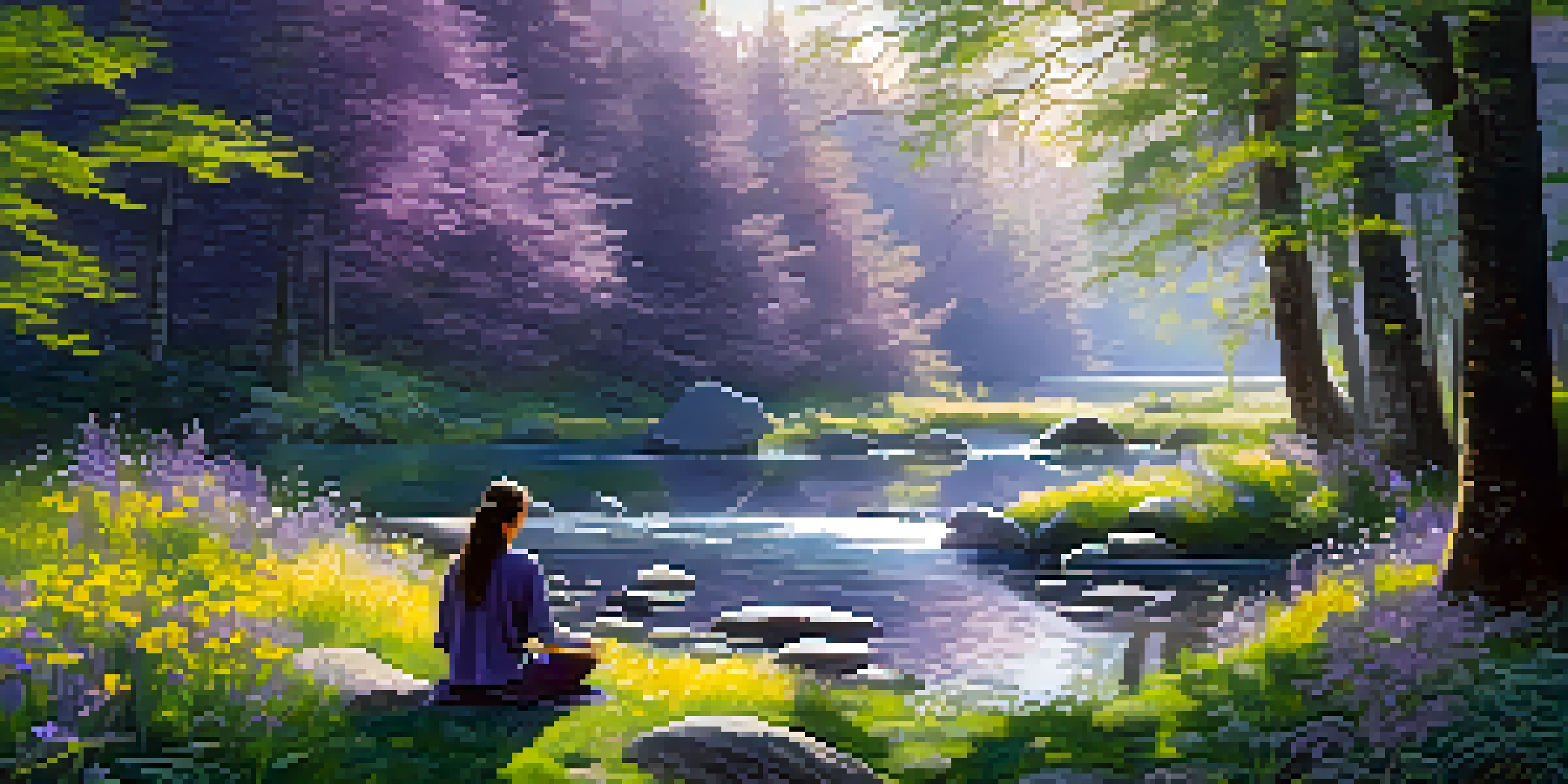 A peaceful forest scene with sunlight, a flowing stream, and a person meditating near wildflowers.