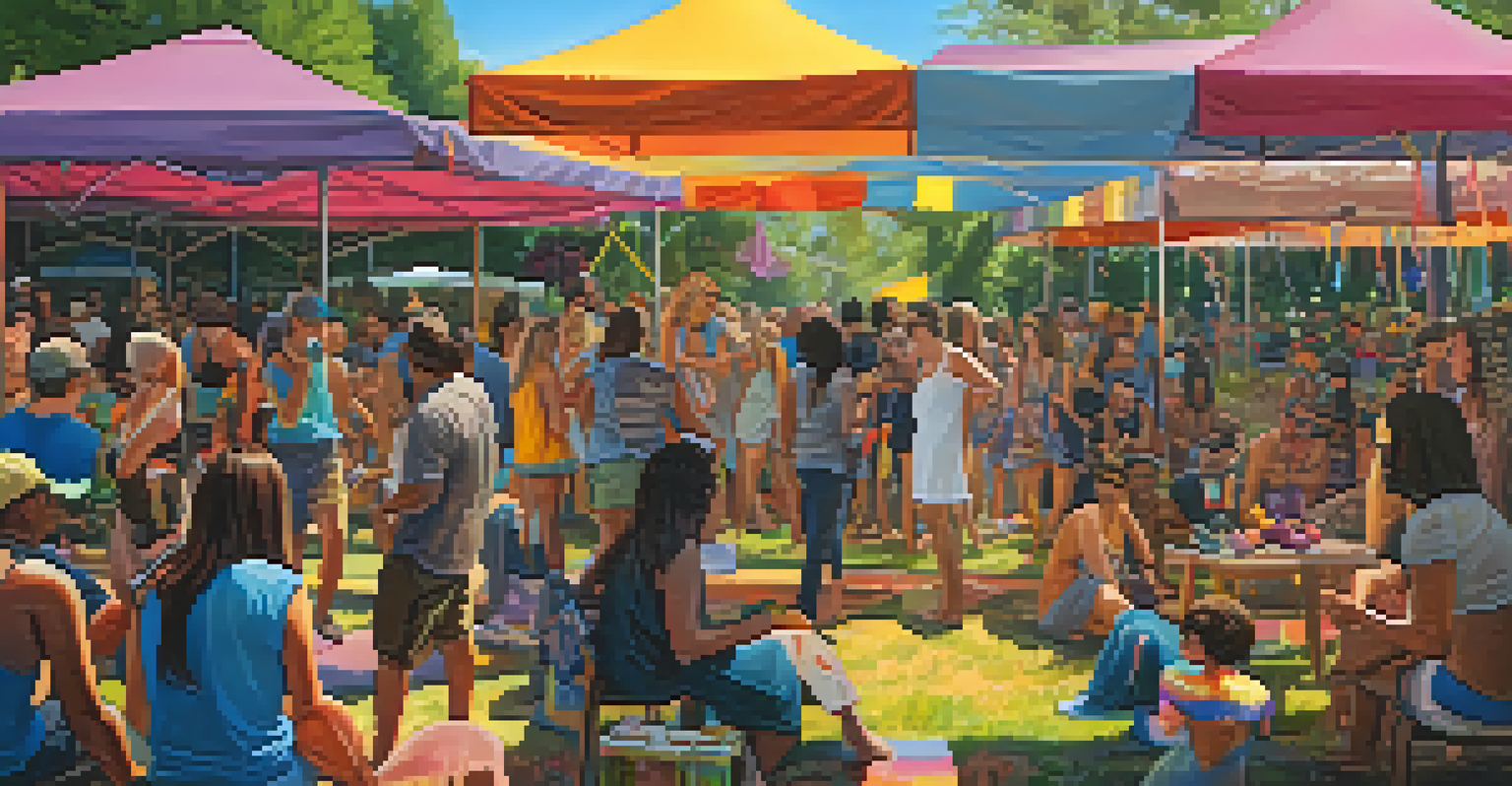 A lively art festival with artists sharing their work and engaging with attendees in a colorful setting.