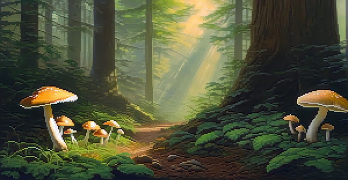 A tranquil forest with psilocybin mushrooms growing in the underbrush, illuminated by soft sunlight filtering through the trees.