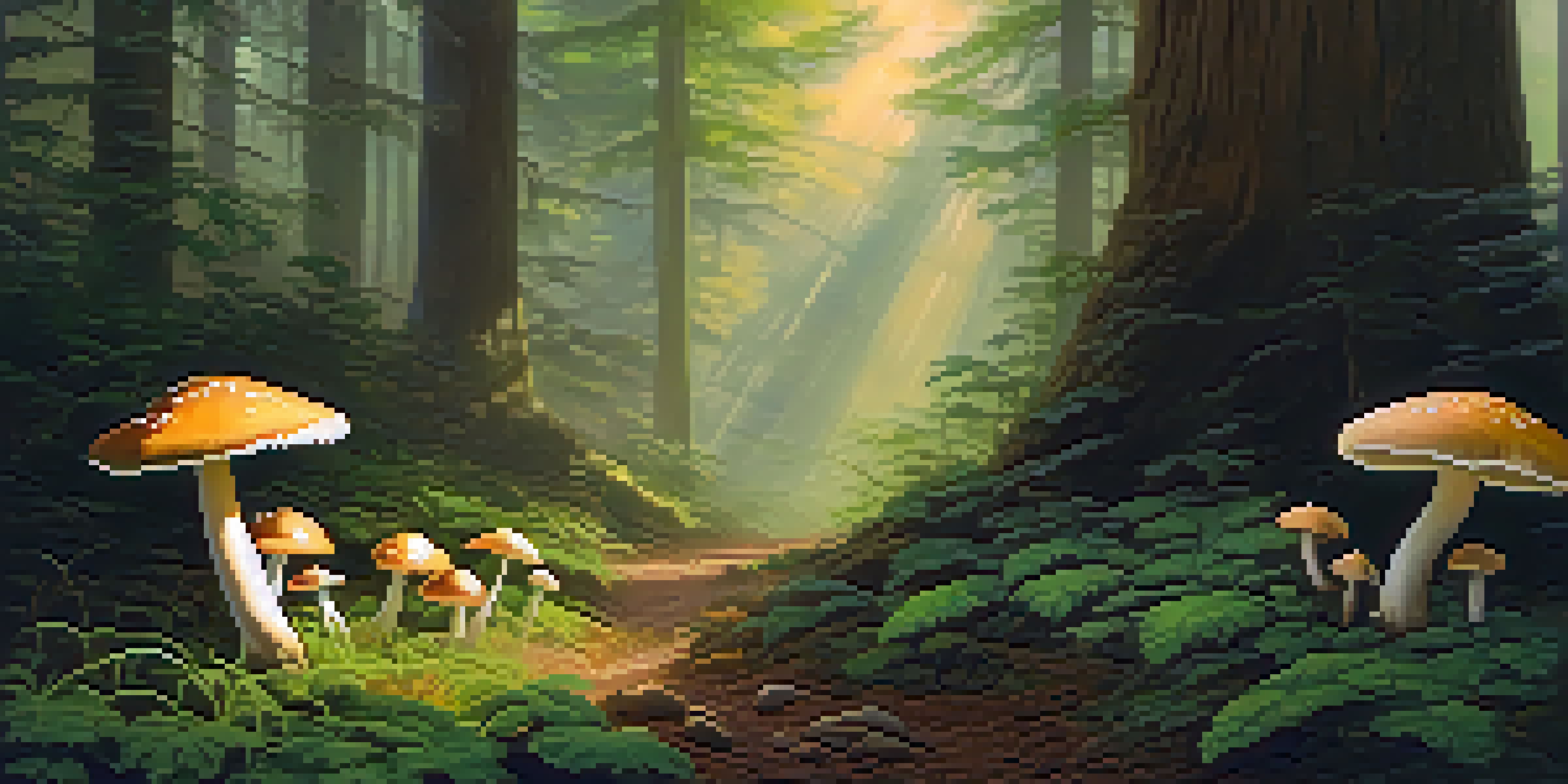 A tranquil forest with psilocybin mushrooms growing in the underbrush, illuminated by soft sunlight filtering through the trees.