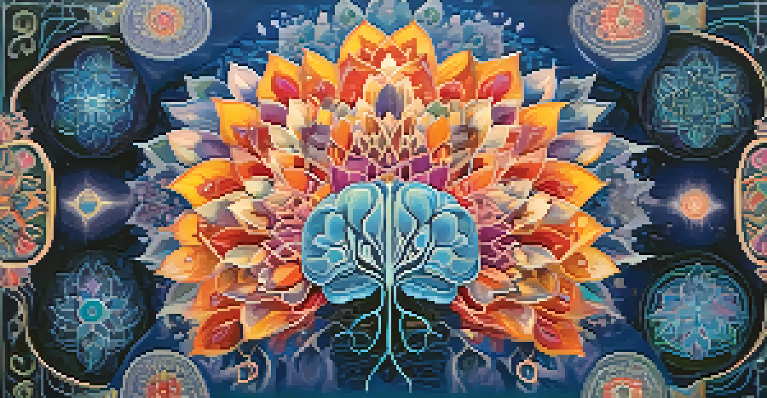 An abstract illustration of a colorful brain with intricate patterns and healing symbols like lotus flowers against a gradient background.