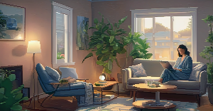 A person in pajamas sitting on a couch, participating in a telemedicine therapy session on a laptop in a cozy living room.