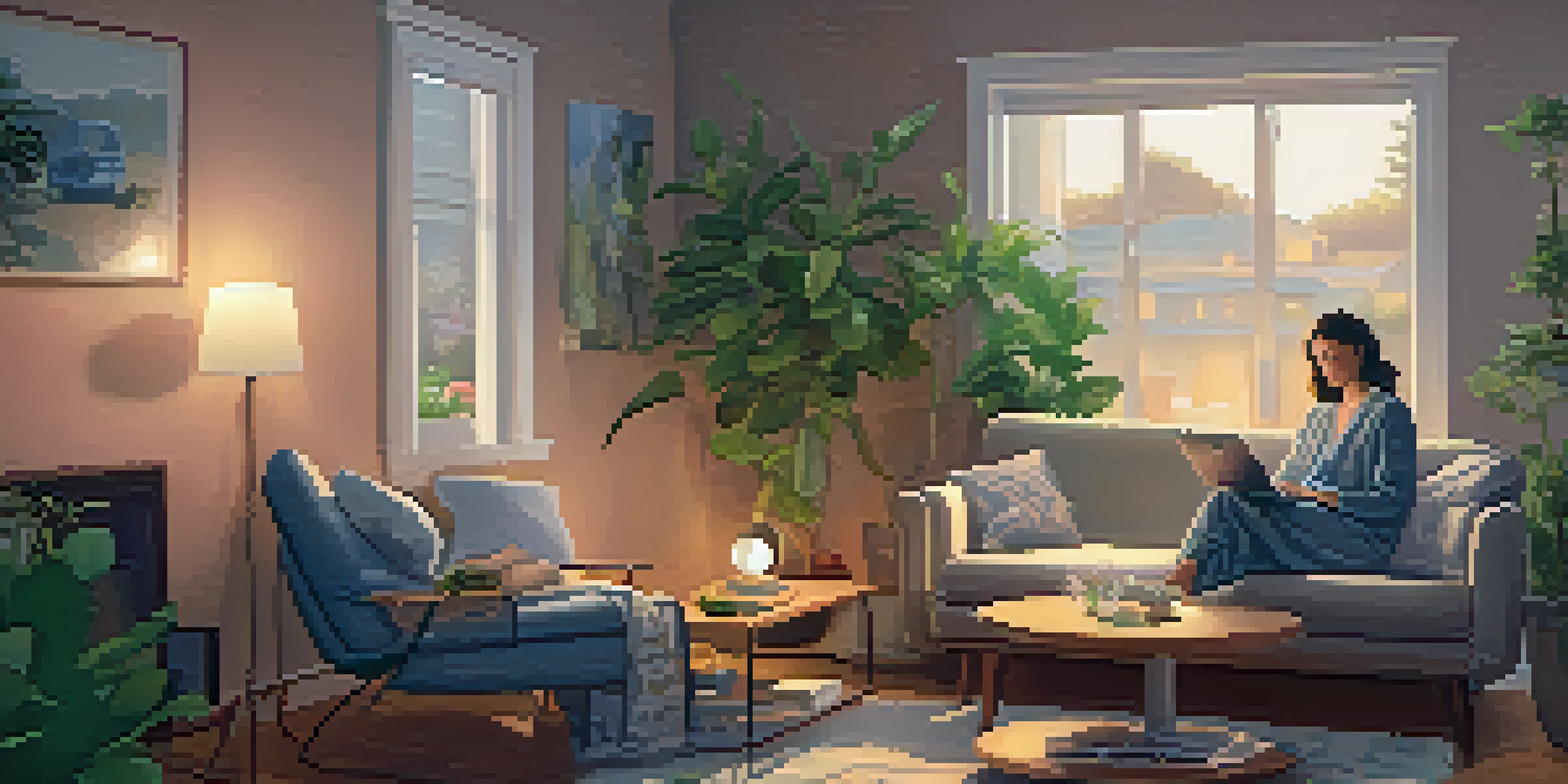 A person in pajamas sitting on a couch, participating in a telemedicine therapy session on a laptop in a cozy living room.
