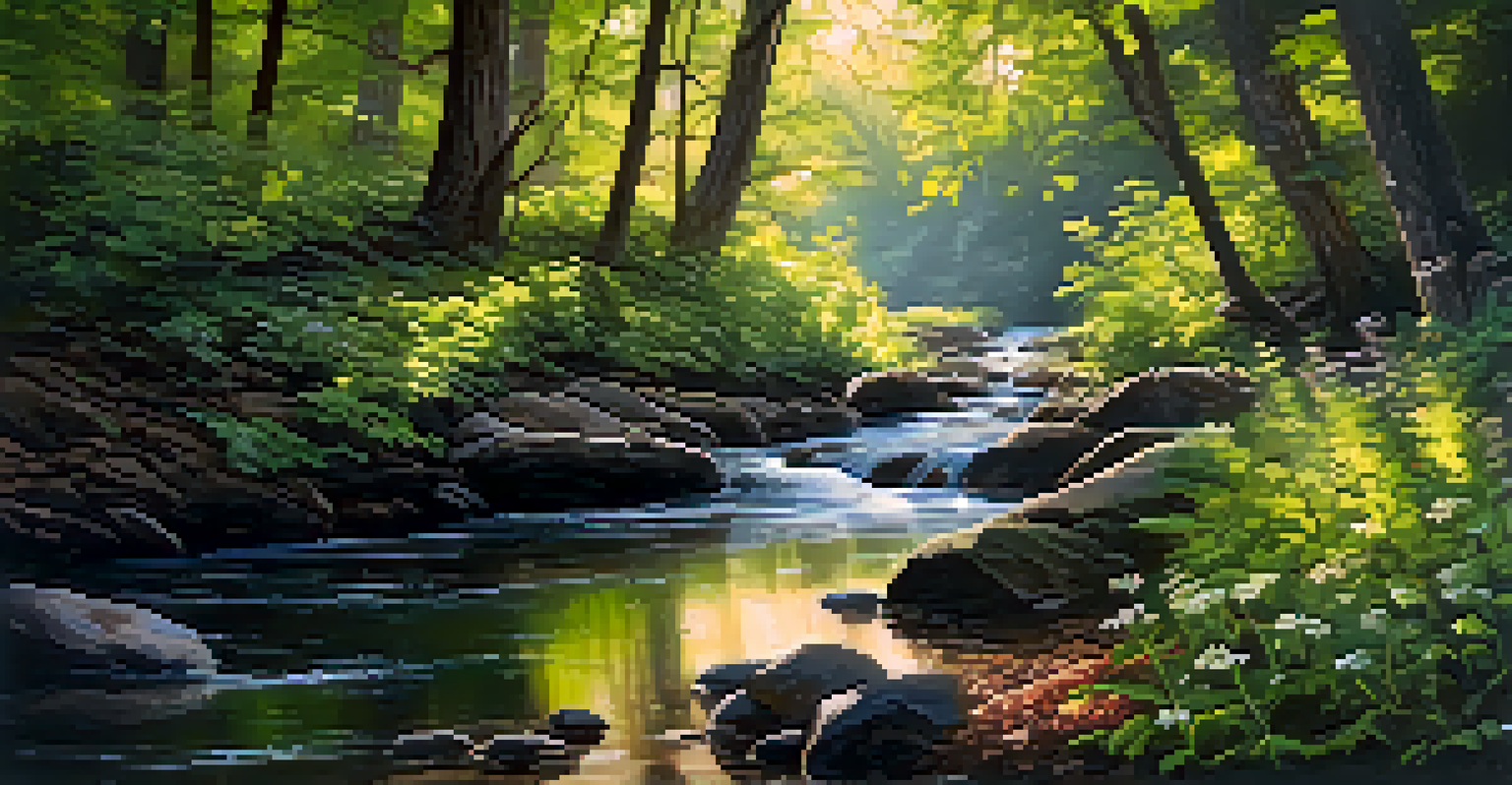 A peaceful forest with sunlight shining through the trees, colorful wildflowers, and a gentle stream.