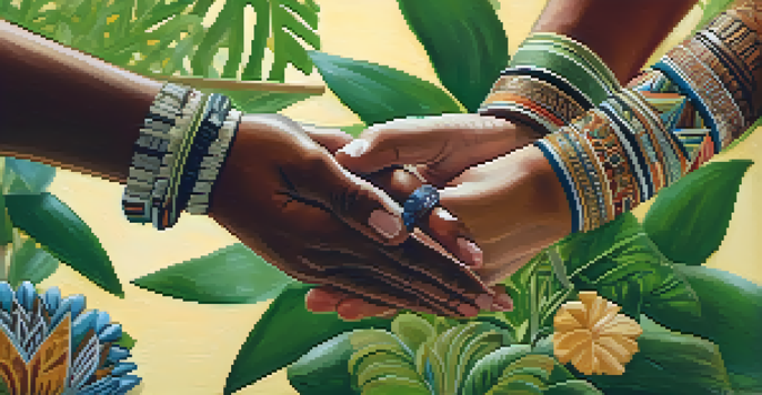Close-up of diverse hands exchanging a ceremonial object, symbolizing connection.