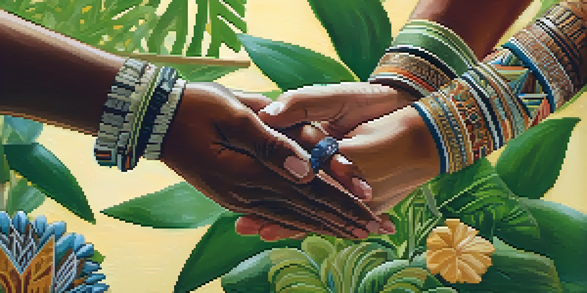 Close-up of diverse hands exchanging a ceremonial object, symbolizing connection.