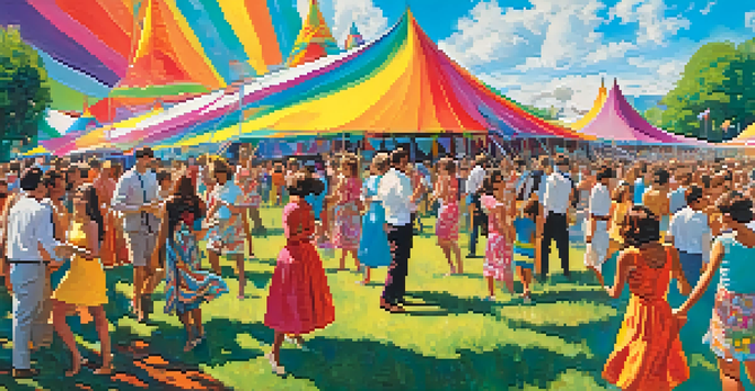A lively 1960s music festival with a diverse crowd dancing under colorful tents, featuring bright psychedelic decorations and a live band.