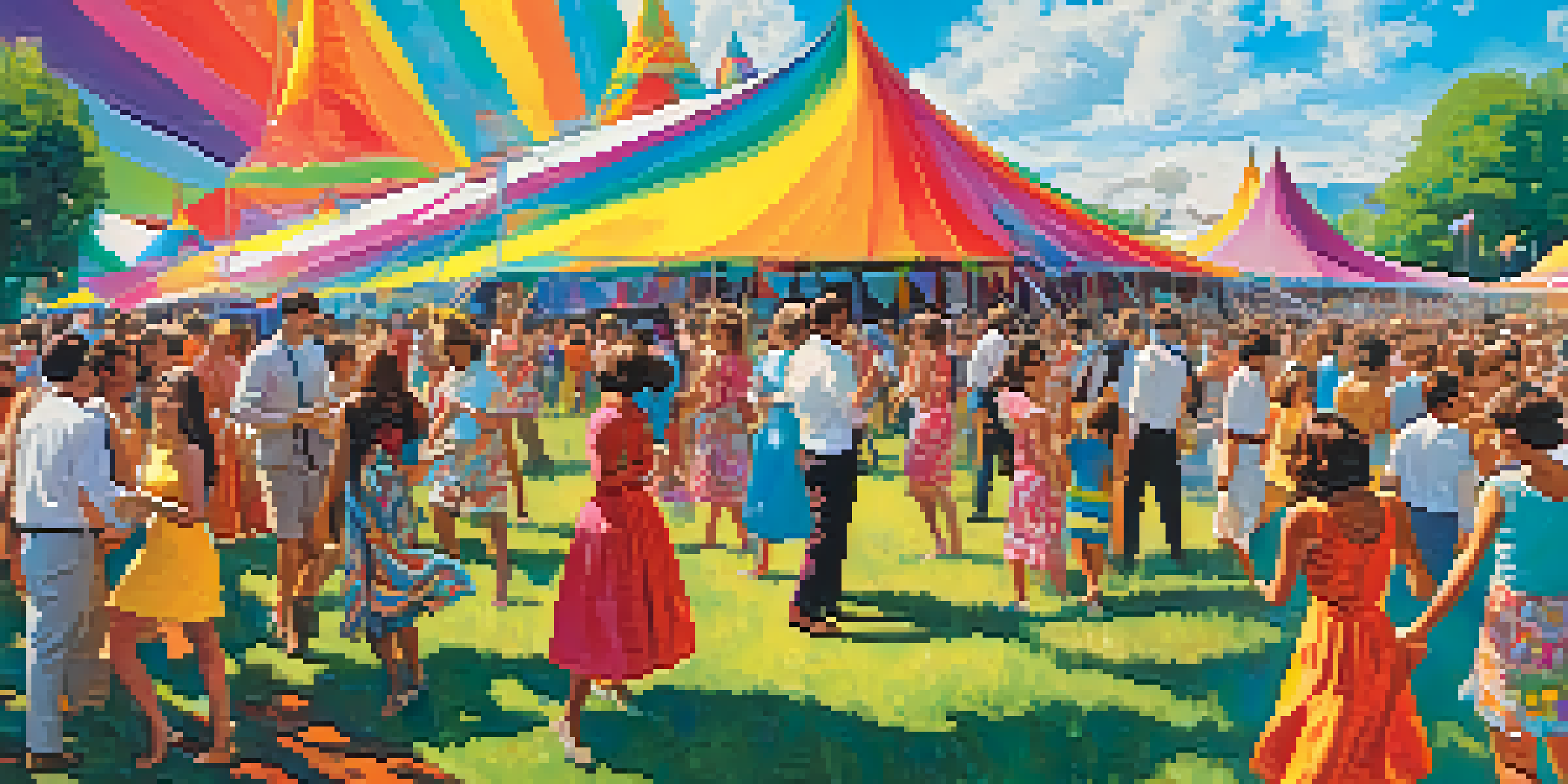 A lively 1960s music festival with a diverse crowd dancing under colorful tents, featuring bright psychedelic decorations and a live band.