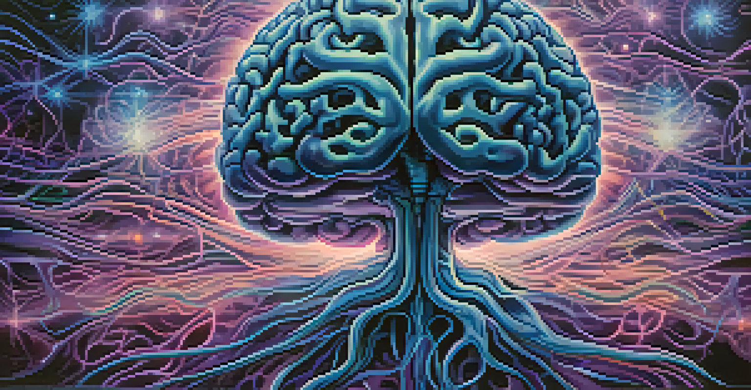 An artistic depiction of the brain with illuminated neural pathways and swirling colors representing altered states of consciousness against a blue and purple background.