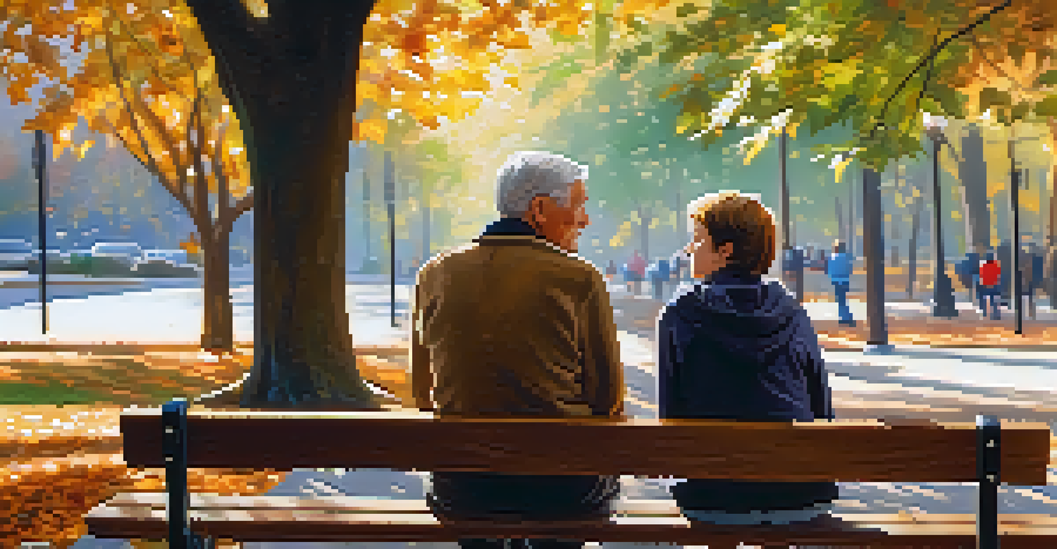 An elder and a young person sitting on a bench, sharing a thoughtful conversation in a park during autumn.