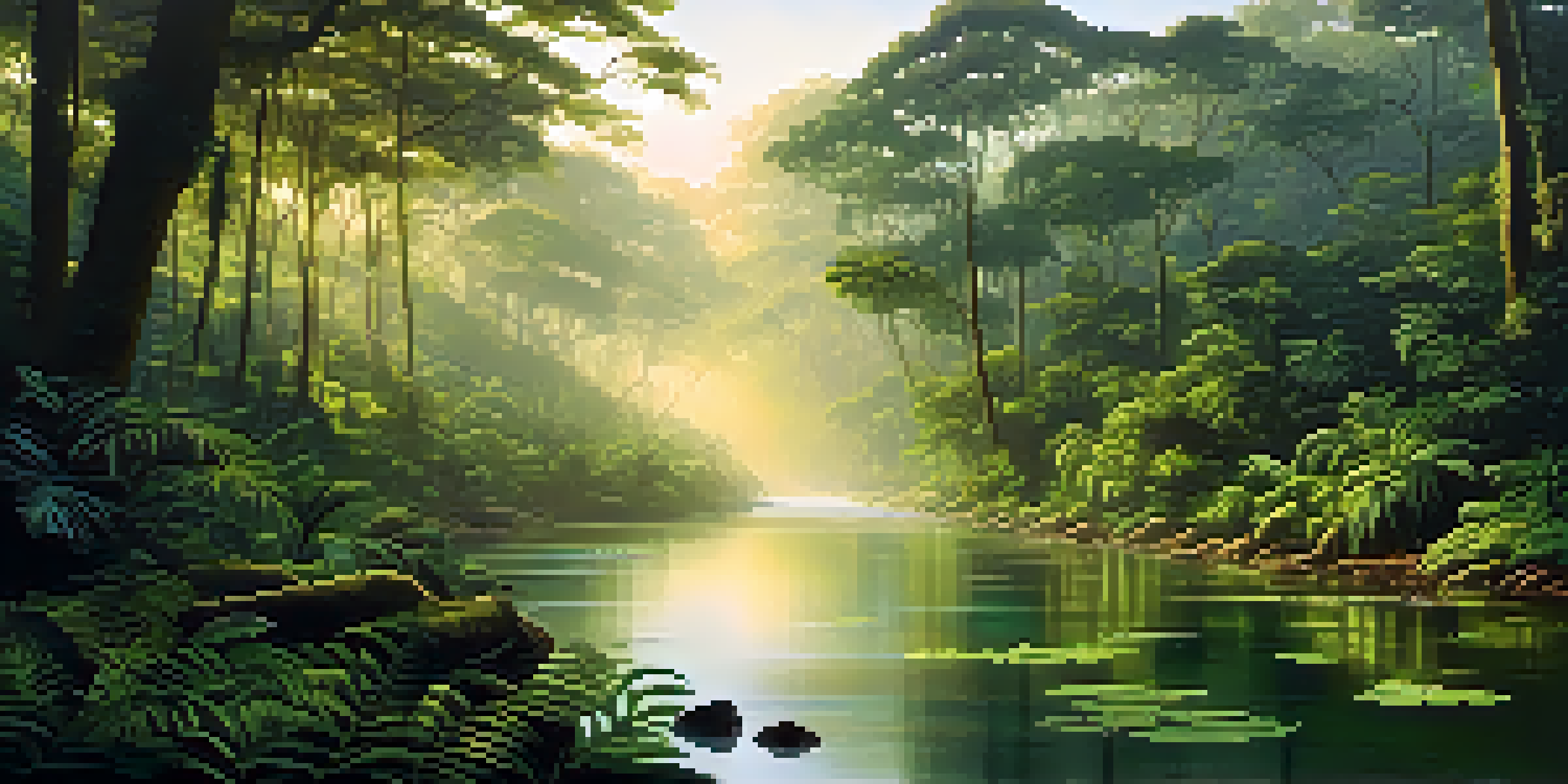 A tranquil Amazon rainforest landscape with tall green trees, mist, and a river at sunrise.