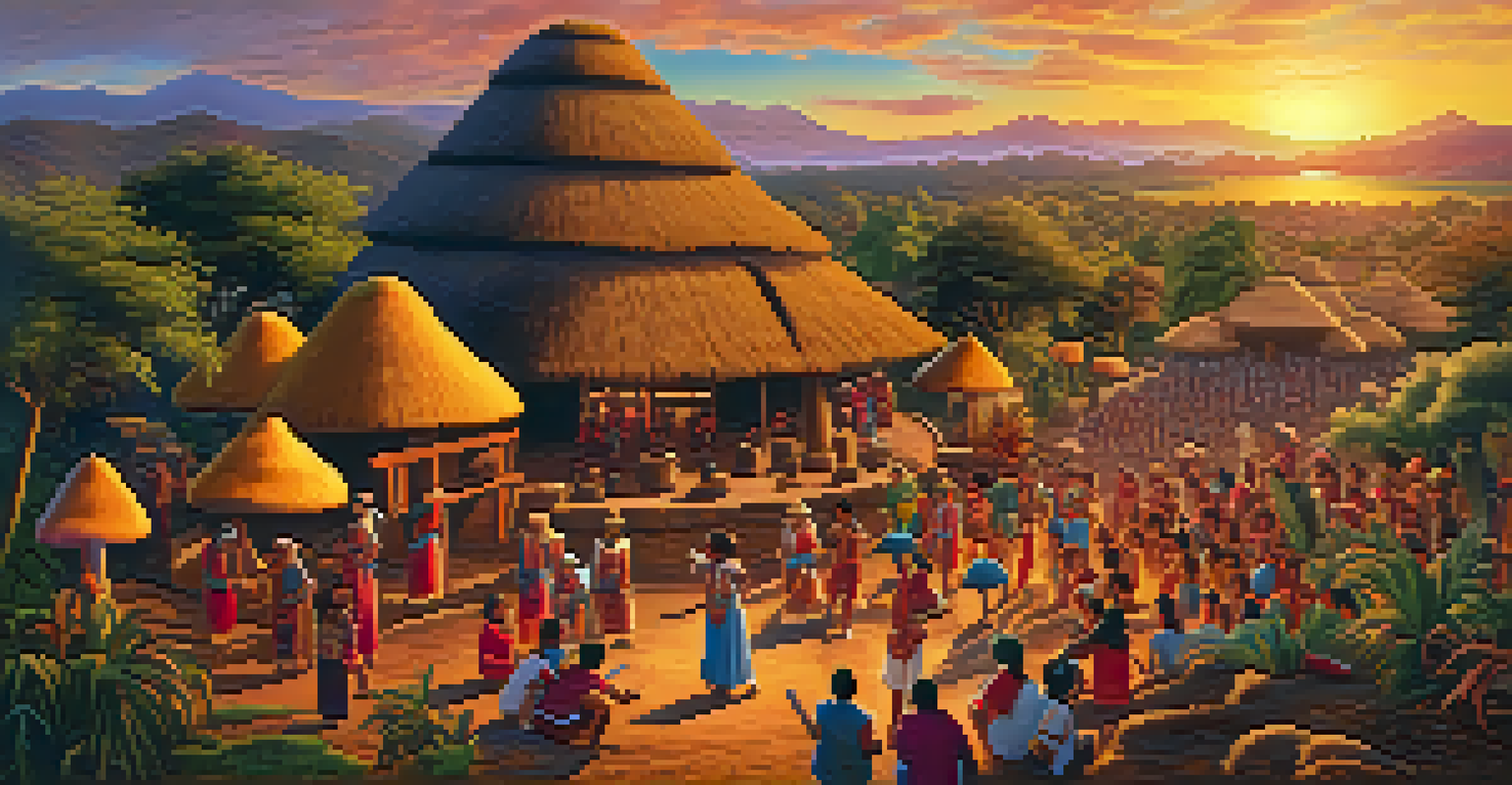 A Mesoamerican village during a traditional mushroom ritual, with colorful murals, villagers in traditional attire, and a sunset background.