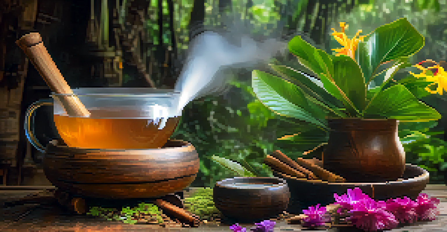 A close-up of Ayahuasca brew in a wooden bowl, with steam rising and a blurred jungle background.